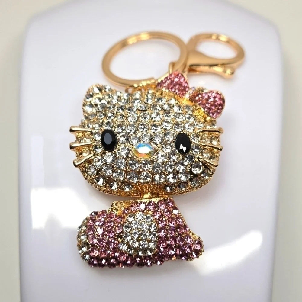 Hello Kitty Rhinestone Keychain Pink and Gold Tone